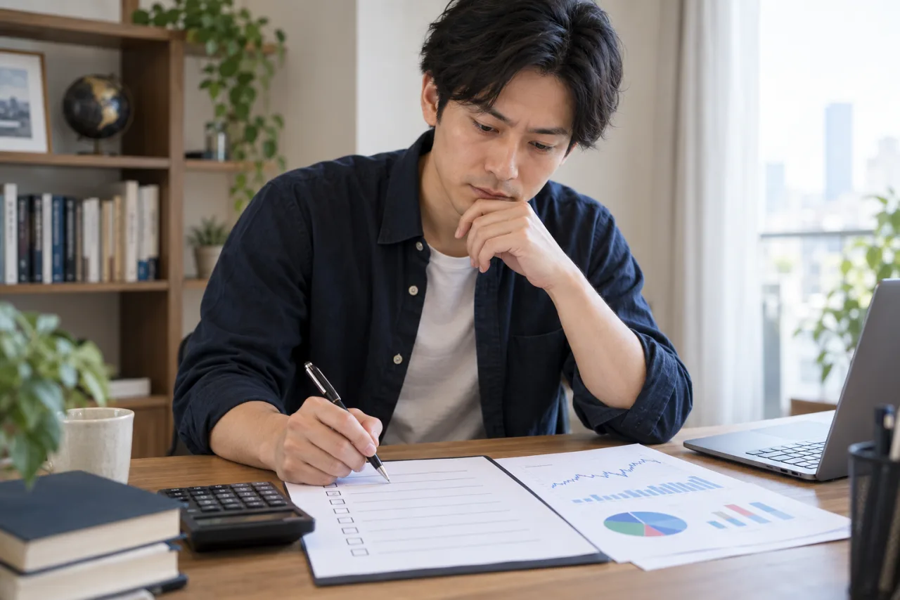 損切り条件と資産配分を確認する健太さん