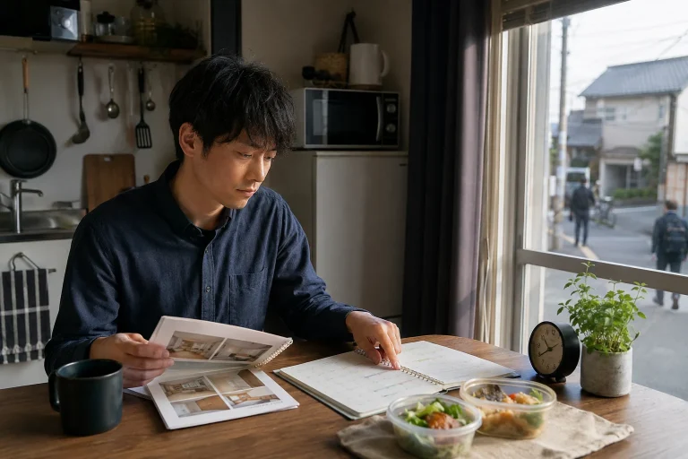 夜勤明けの食卓で勤務表と賃貸物件資料を見比べる30代男性