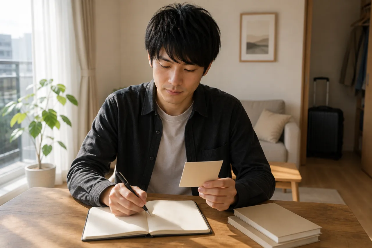 日曜の朝、閉じた二冊の資料を横に置いて判断理由をノートへ書く健太さん