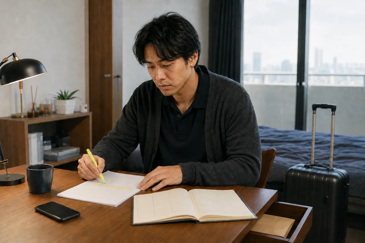 開示資料を読みながら三列のノートへ整理する健太さん