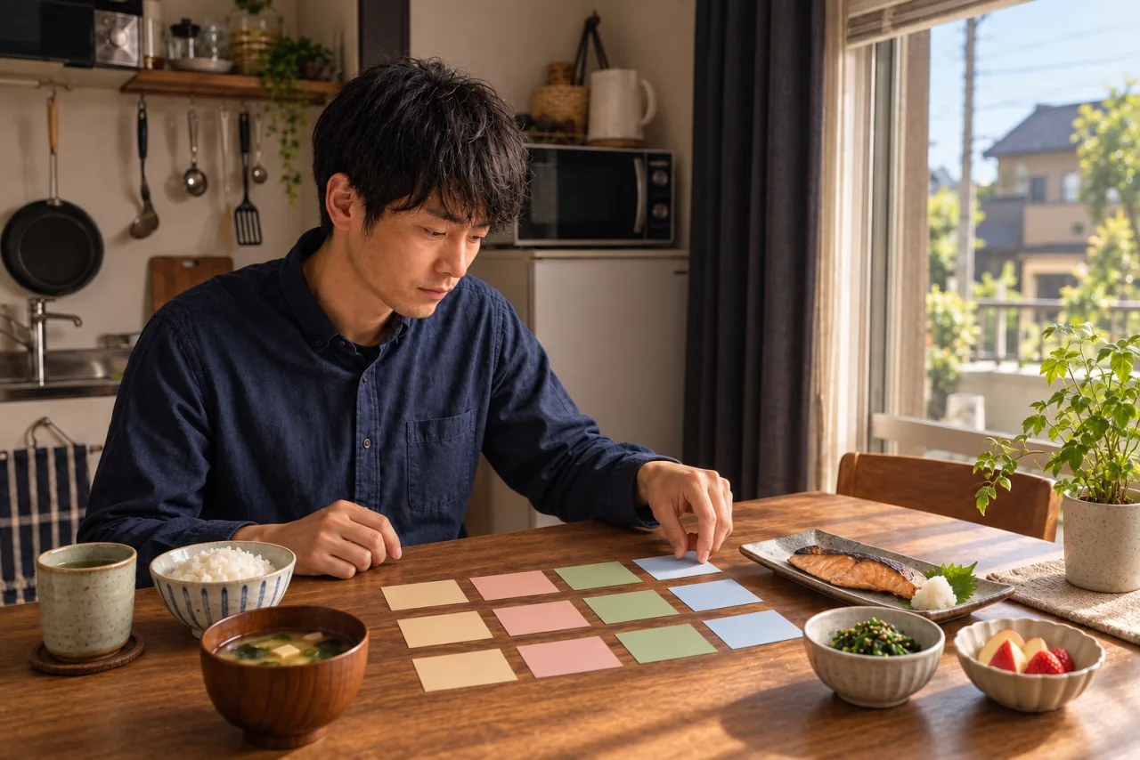 三食を表す十二枚の色カードと料理を並べる健太さん