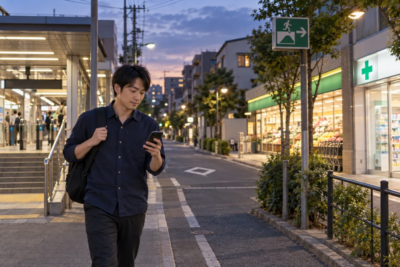 夜の駅から部屋まで歩き営業時間と明るさを確かめる健太さん