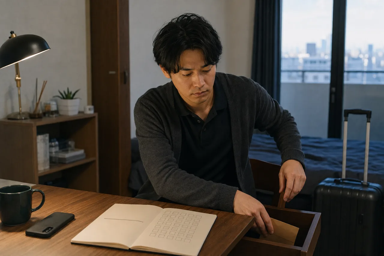 旅行資金の封筒を引き出しへ戻し、30日の観察ノートを開く健太さん