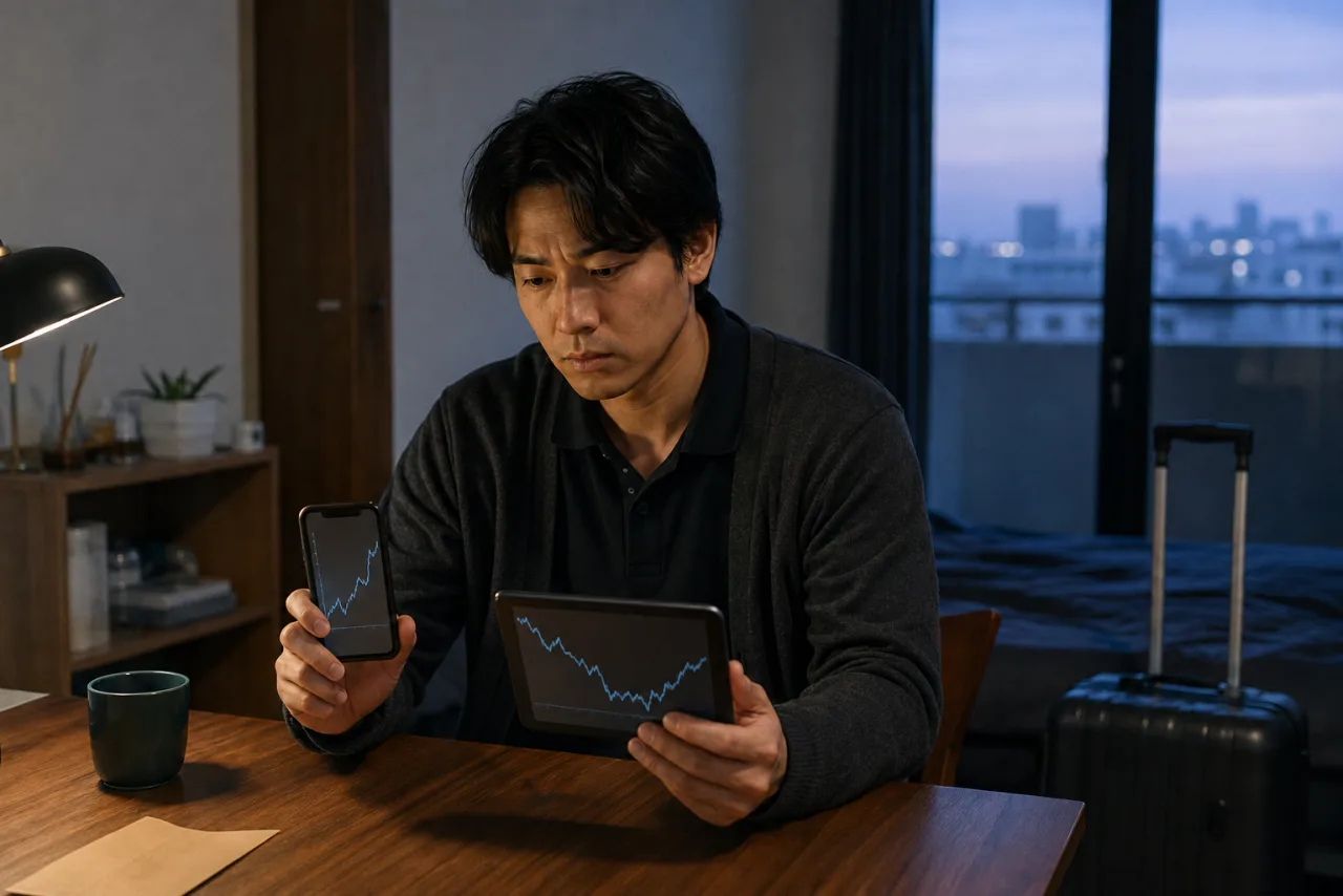 同じ値動きを短期と長期の二つの画面で見比べる健太さん