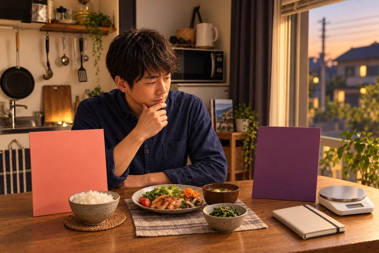 二つの食事方法を表すカードと定食を見比べる健太さん