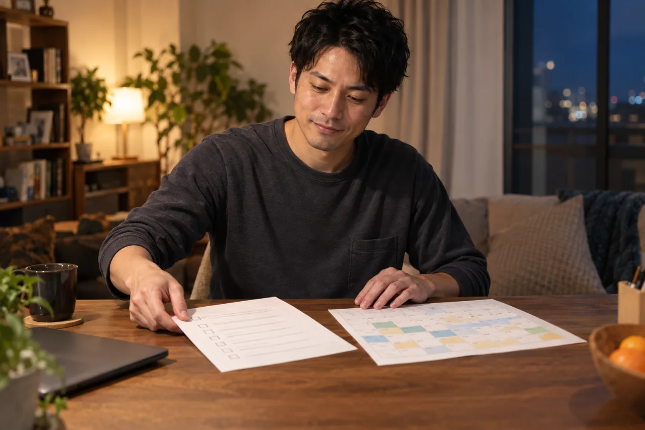 勤務表の横に一か月の活動予定を置く健太さん