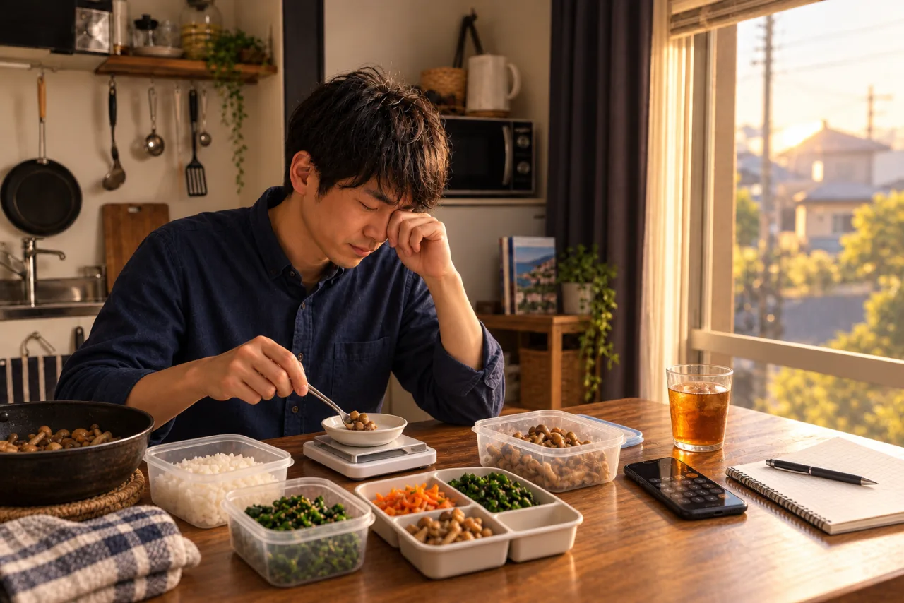 夜勤明けに複数の作り置きを量り、記録の負担に気づく健太さん