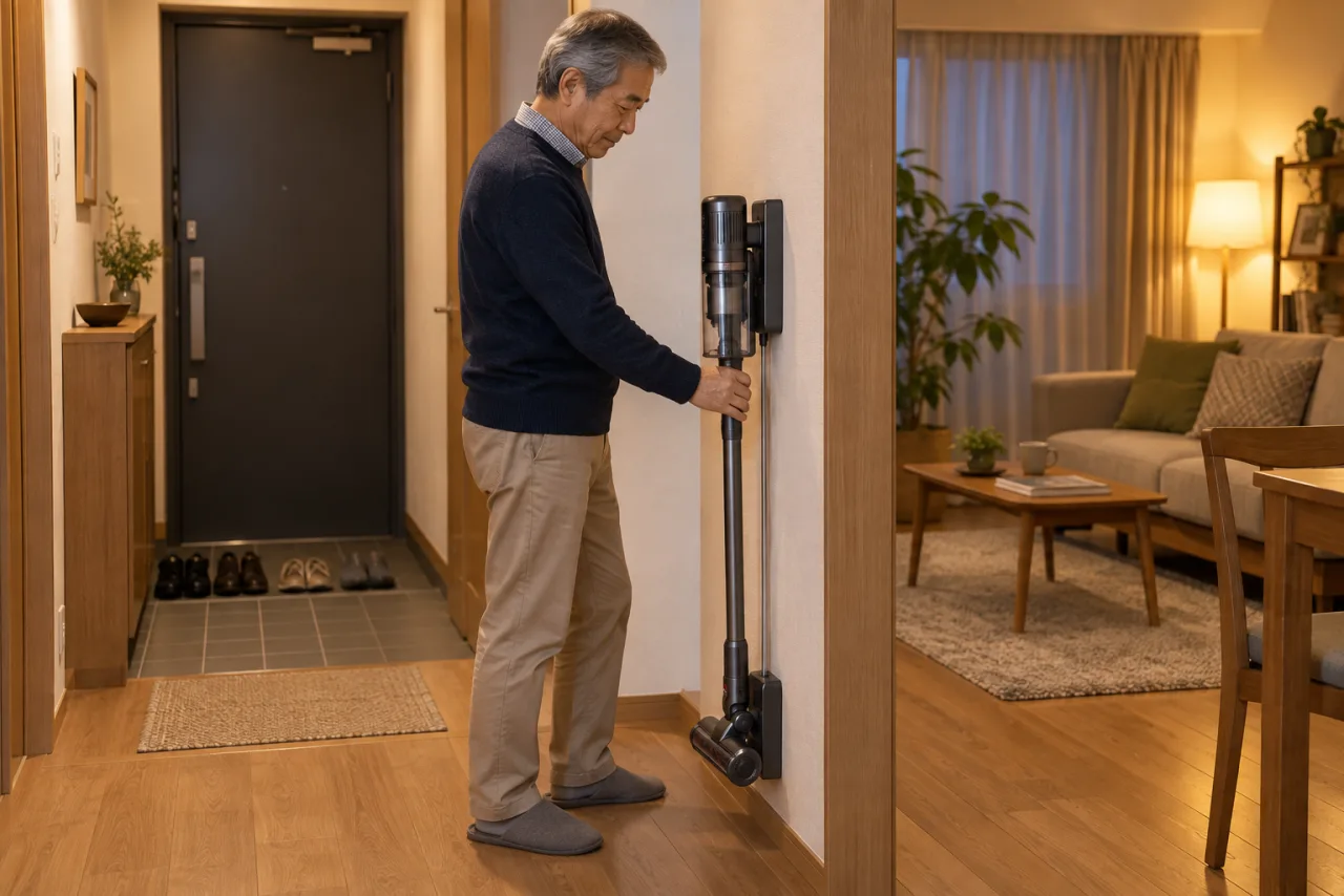 恭平さんが充電台と通路の幅を確認する