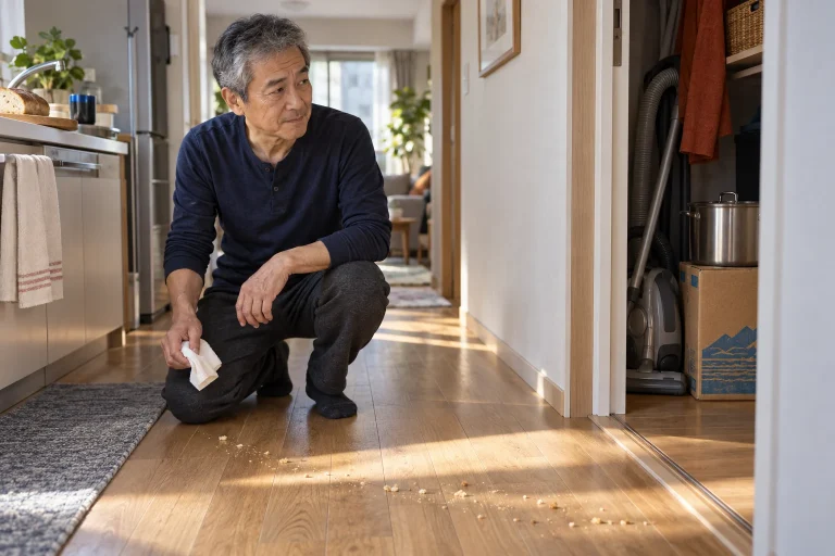 朝日の床に落ちたパン粉と物入れの掃除機を見比べる恭平さん