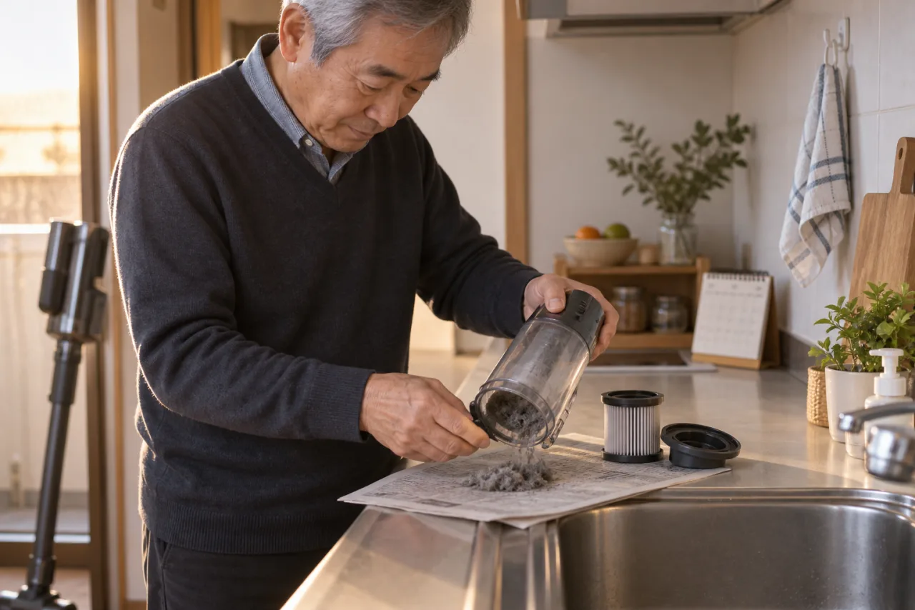 恭平さんがダストカップとフィルターの手入れを確認する