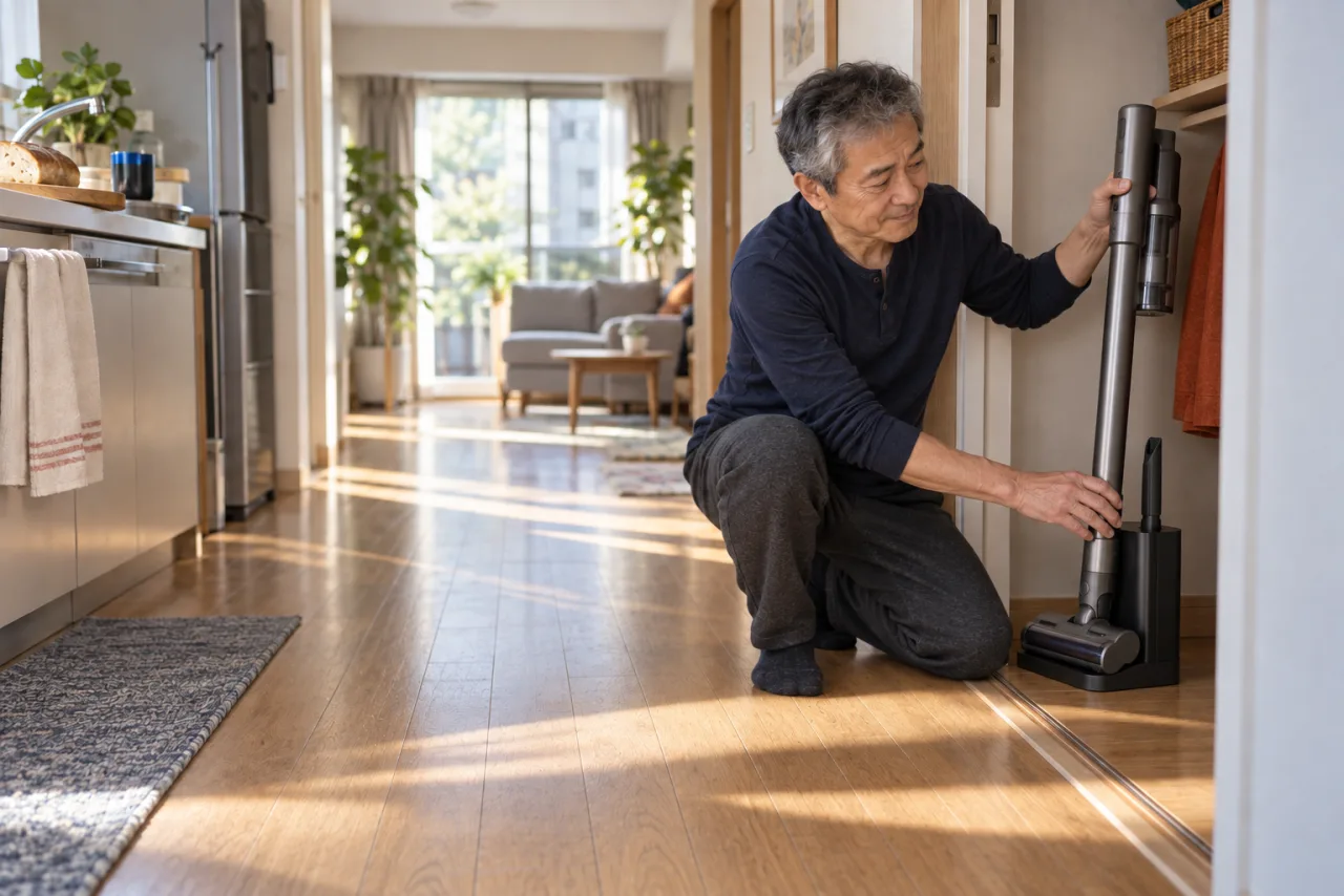 玄関近くの充電台へ掃除機を戻す恭平さん