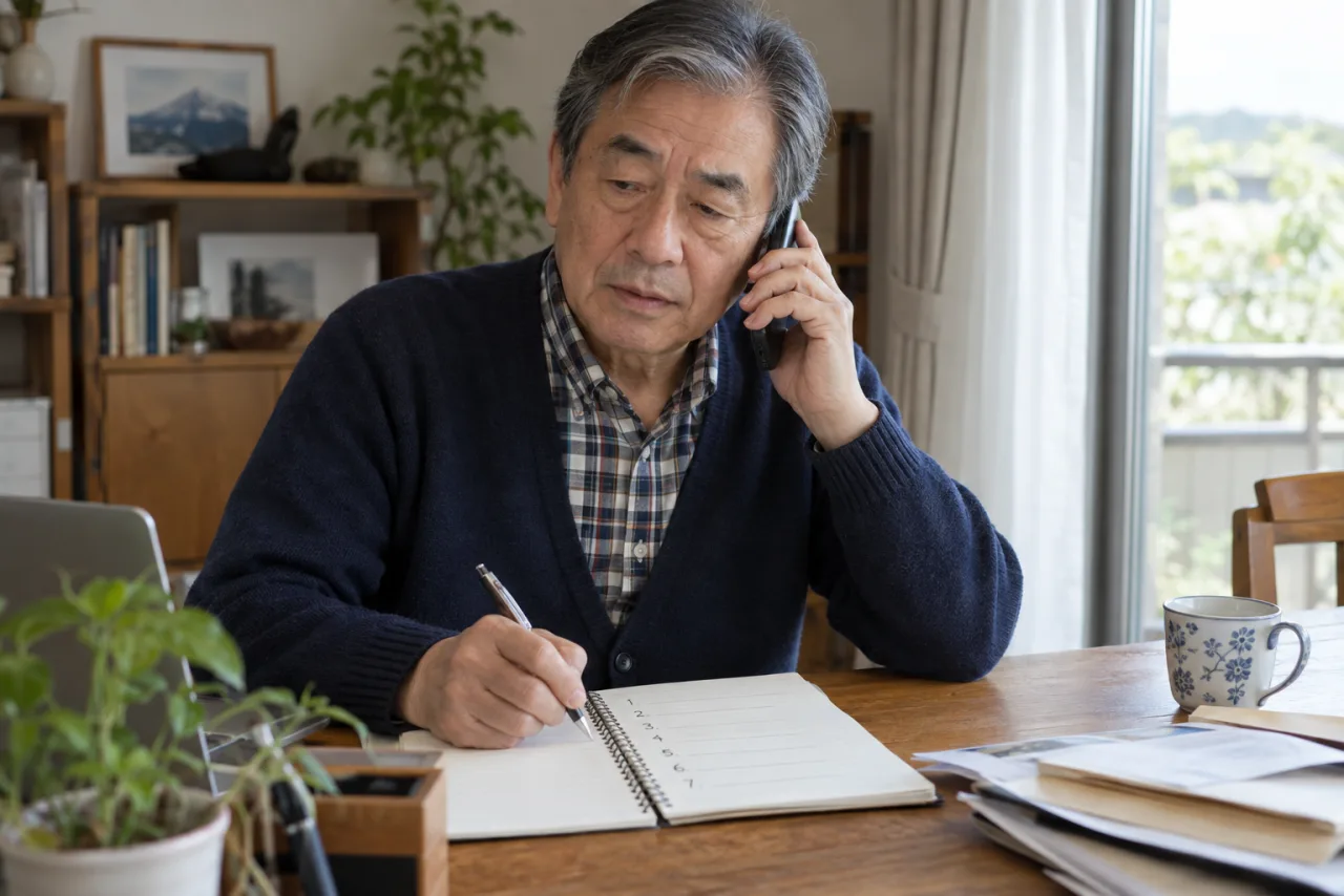 健康保険の質問を電話で確認する恭平さん