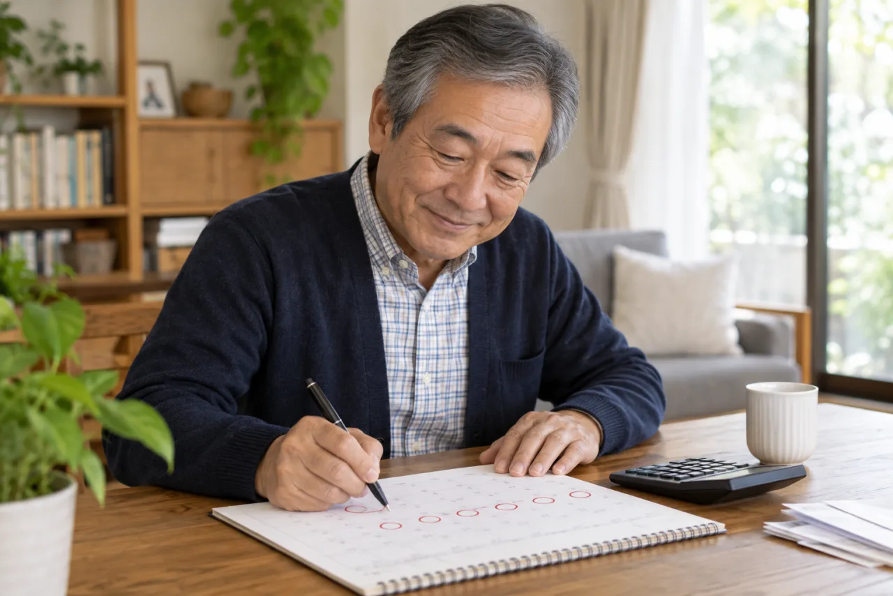 六か月分の保険料を予定表に書く恭平さん