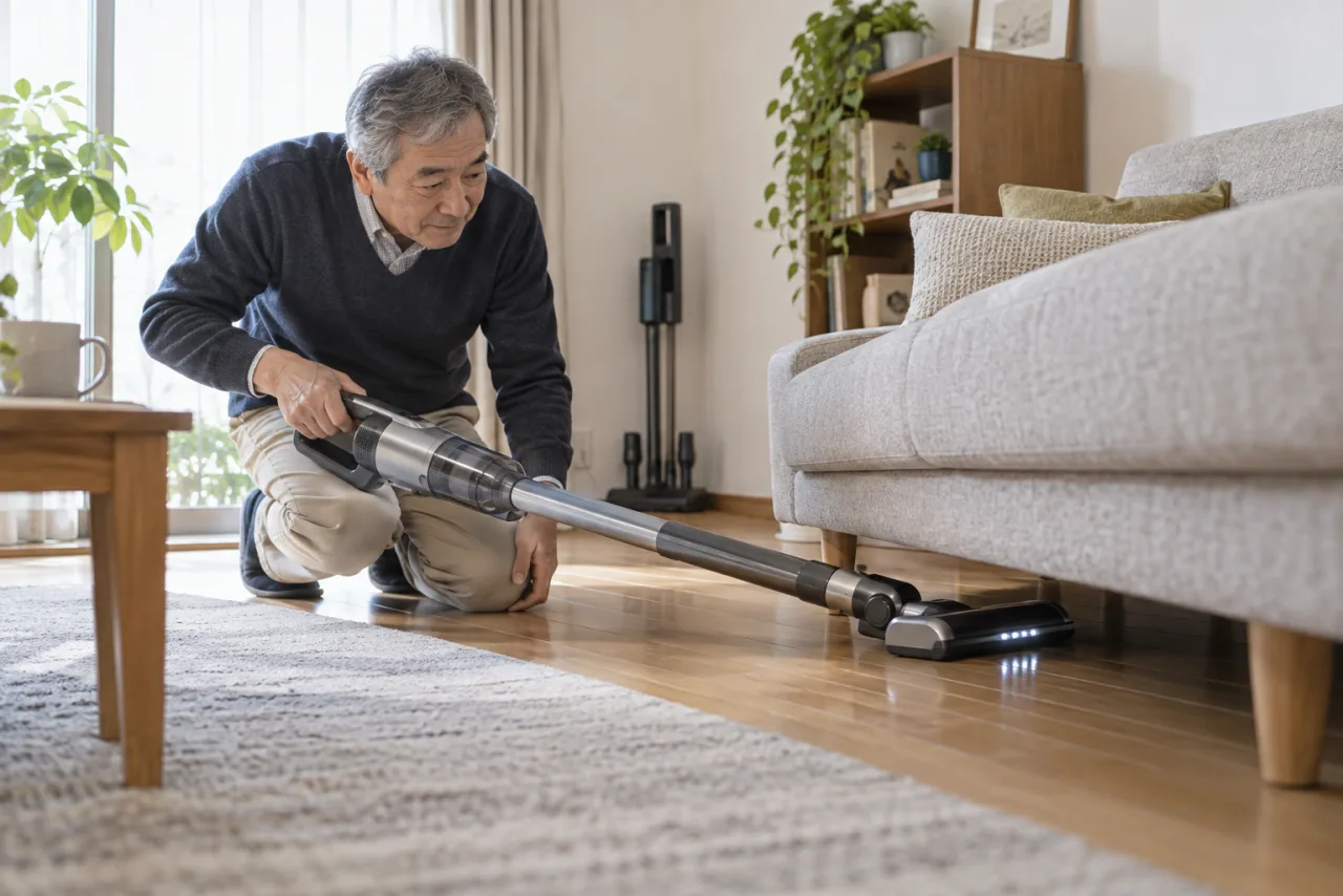 恭平さんがソファ下を掃除してヘッドの取り回しを確かめる