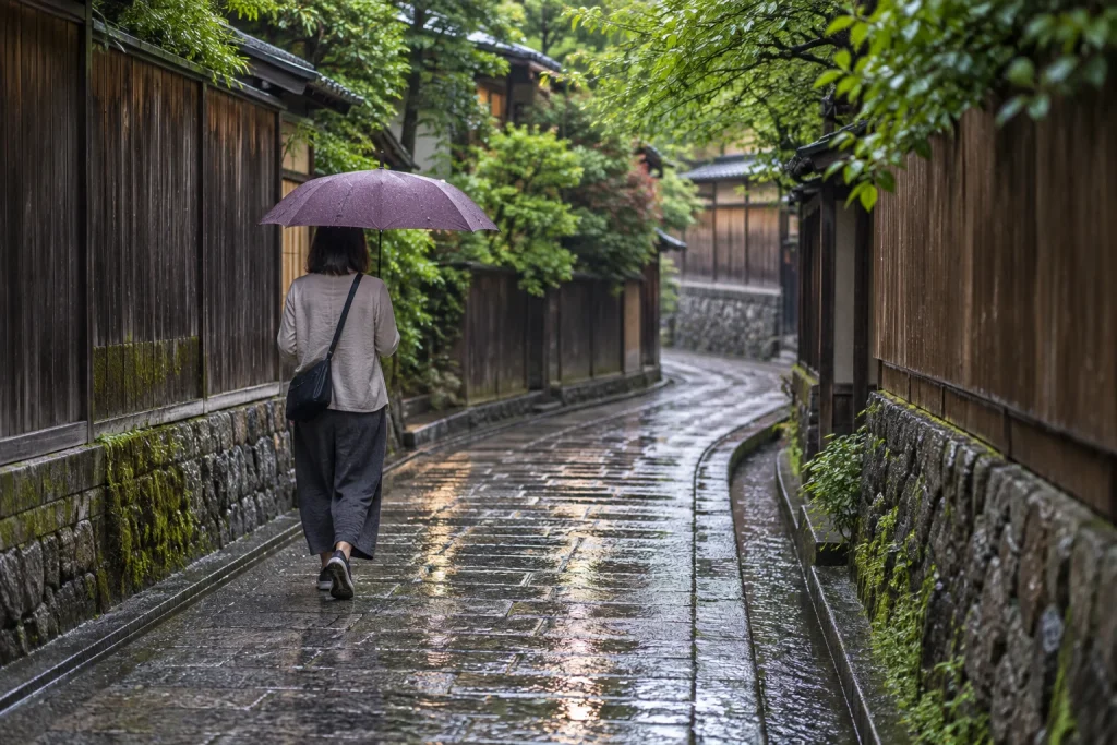 雨に濡れた架空の東山の石畳を傘を差して歩く女性の後ろ姿