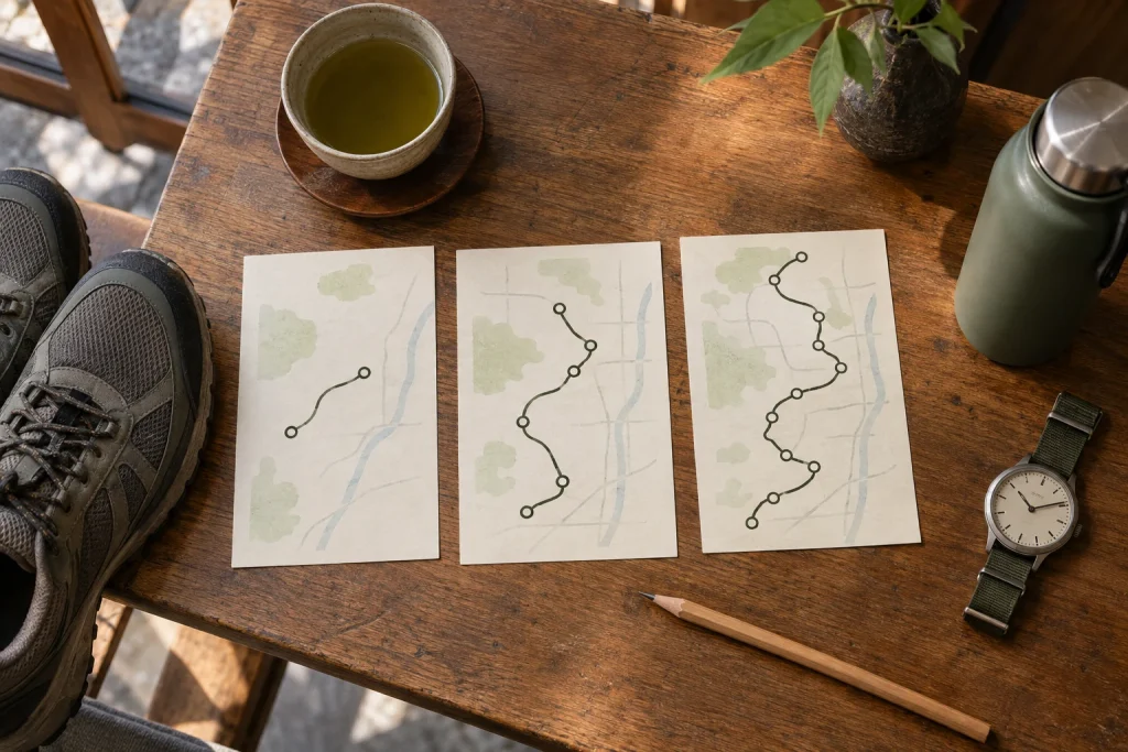 歩く距離の異なる三枚の簡略ルートカードと靴と時計と水筒