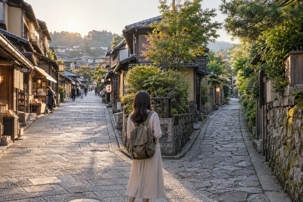 店のある広い坂と緑の多い静かな石畳の分かれ道で立ち止まる一人旅の女性