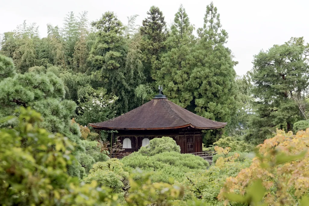 庭の木々越しに静かに立つ銀閣寺の観音殿