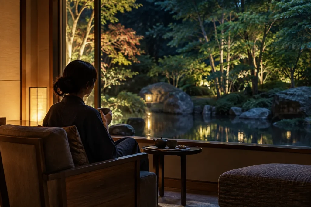 架空の高級ホテルの窓辺で夜の日本庭園を眺めながらお茶を飲む一人旅の女性