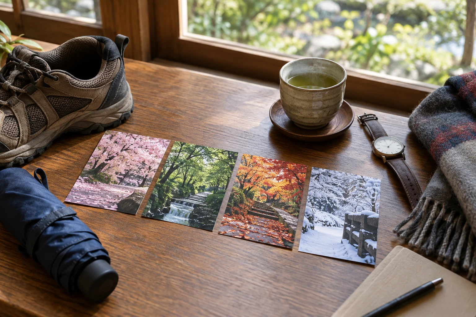 春夏秋冬の景色を表す四枚のカードと歩行靴と傘と時計と温かい茶