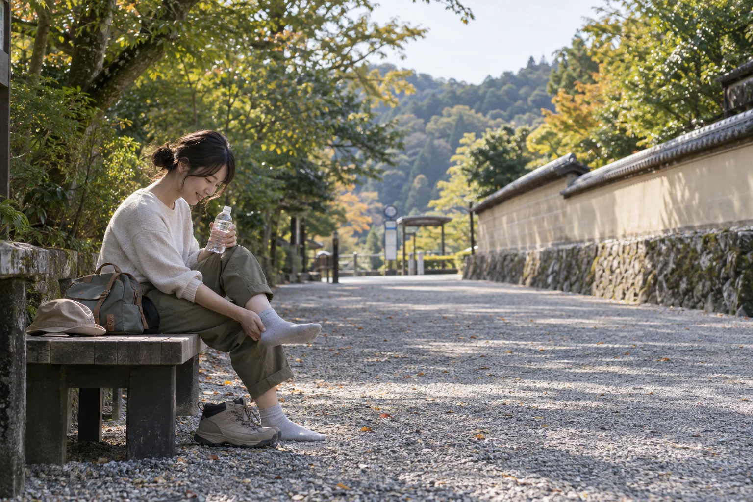 静かな砂利道沿いのベンチで水を飲み足首を休める一人旅の女性