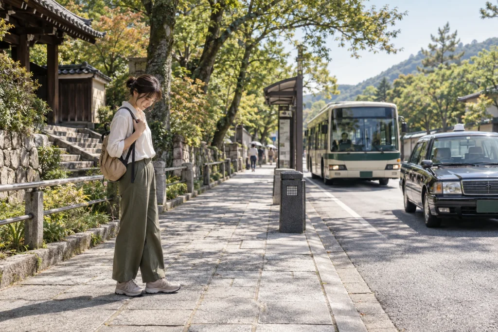 寺を出た道で徒歩とバスと短距離タクシーのどれで進むか考える一人旅の女性
