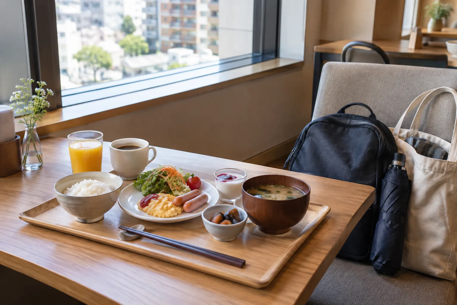 一人分のホテル朝食と椅子に用意した日帰り用のバッグと傘