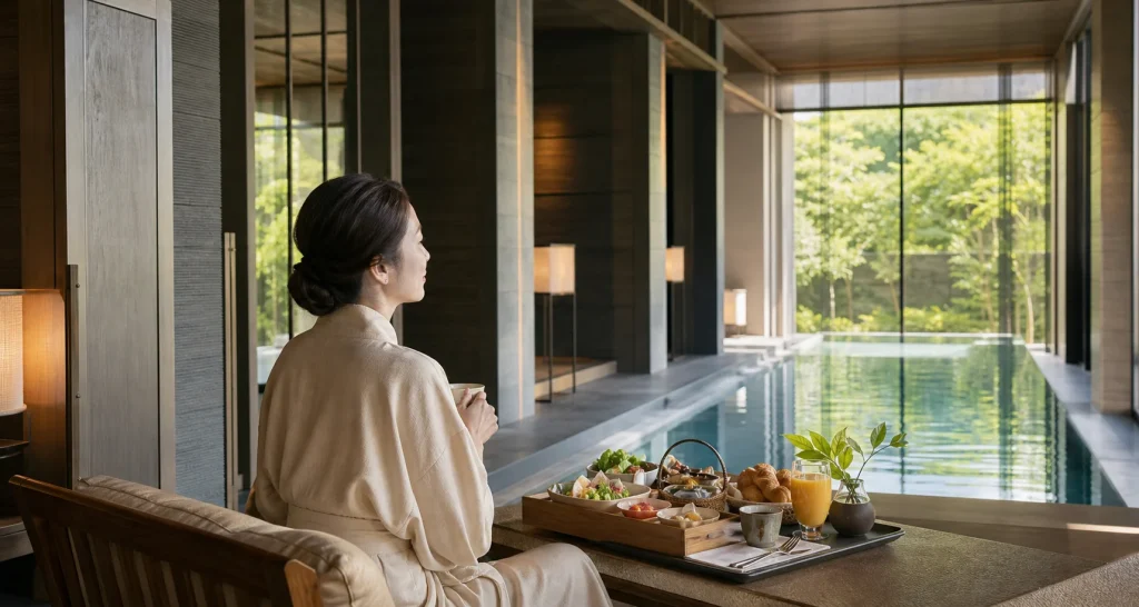 京都のホテルで朝食を楽しみながら屋内プールと庭を眺める一人旅