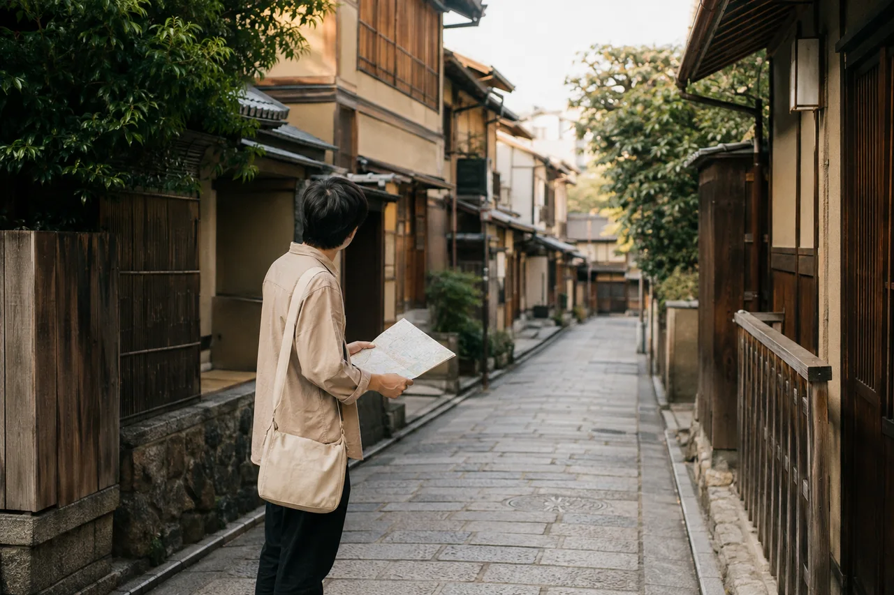 京都の静かな路地で地図を確認する一人旅の旅行者