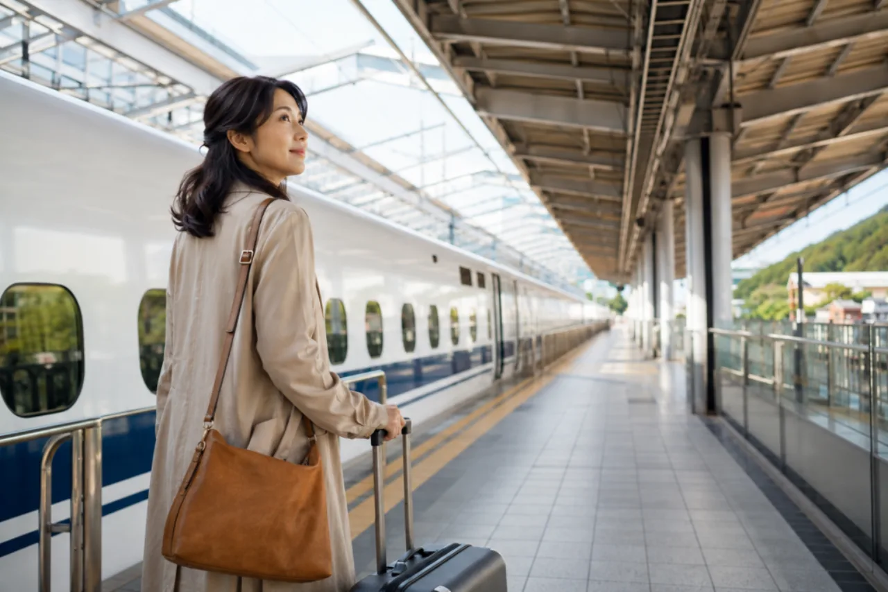 新幹線を降り京都で一人旅を始める女性