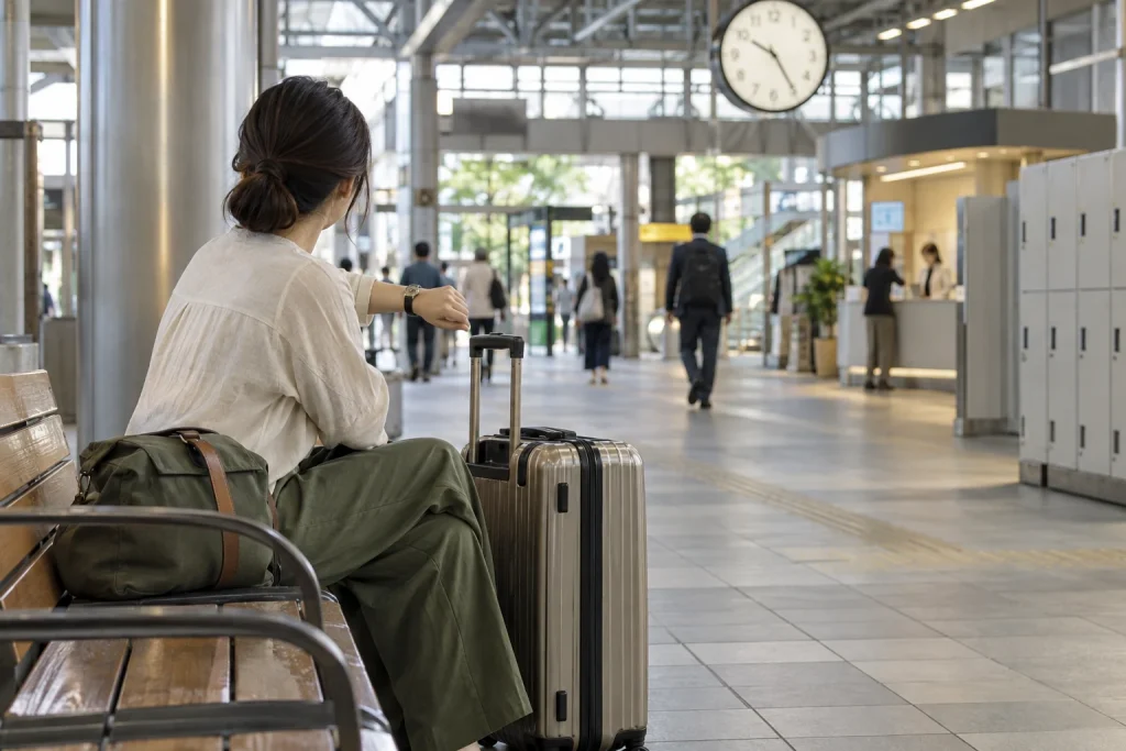 駅の時計を見ながらキャリーケースと小さなバッグの扱いを考える女性