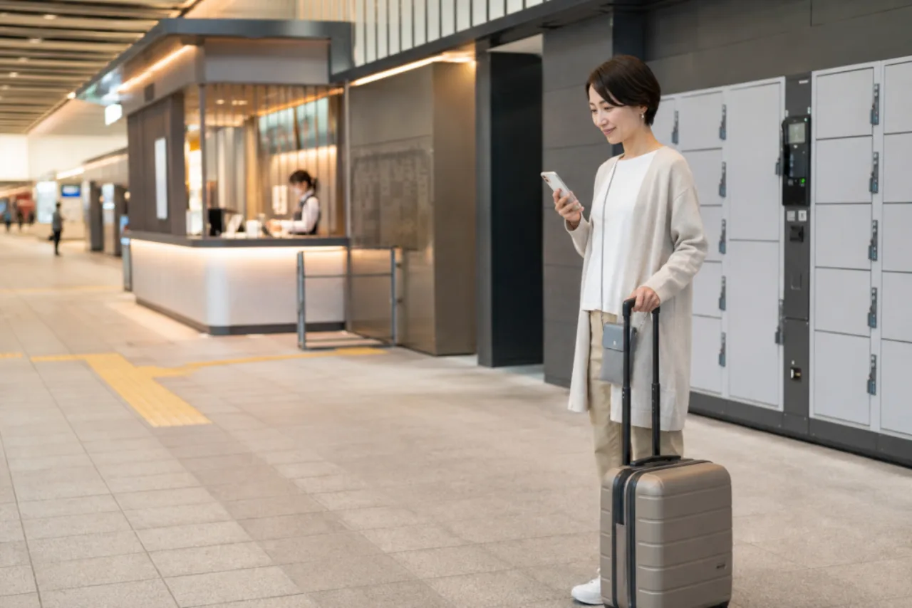 京都駅到着後にロッカーと手荷物預かりを選ぶ一人旅の女性