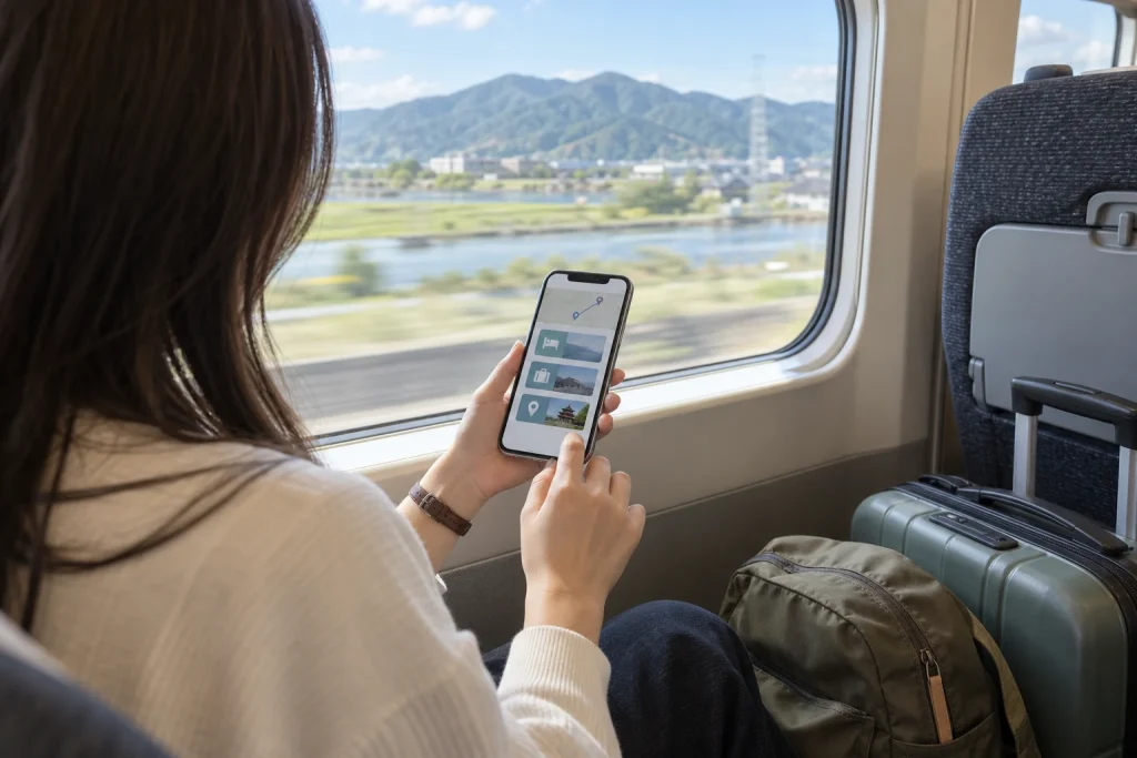 新幹線の車内でホテルと荷物と最初の目的地をスマートフォンへ保存する女性