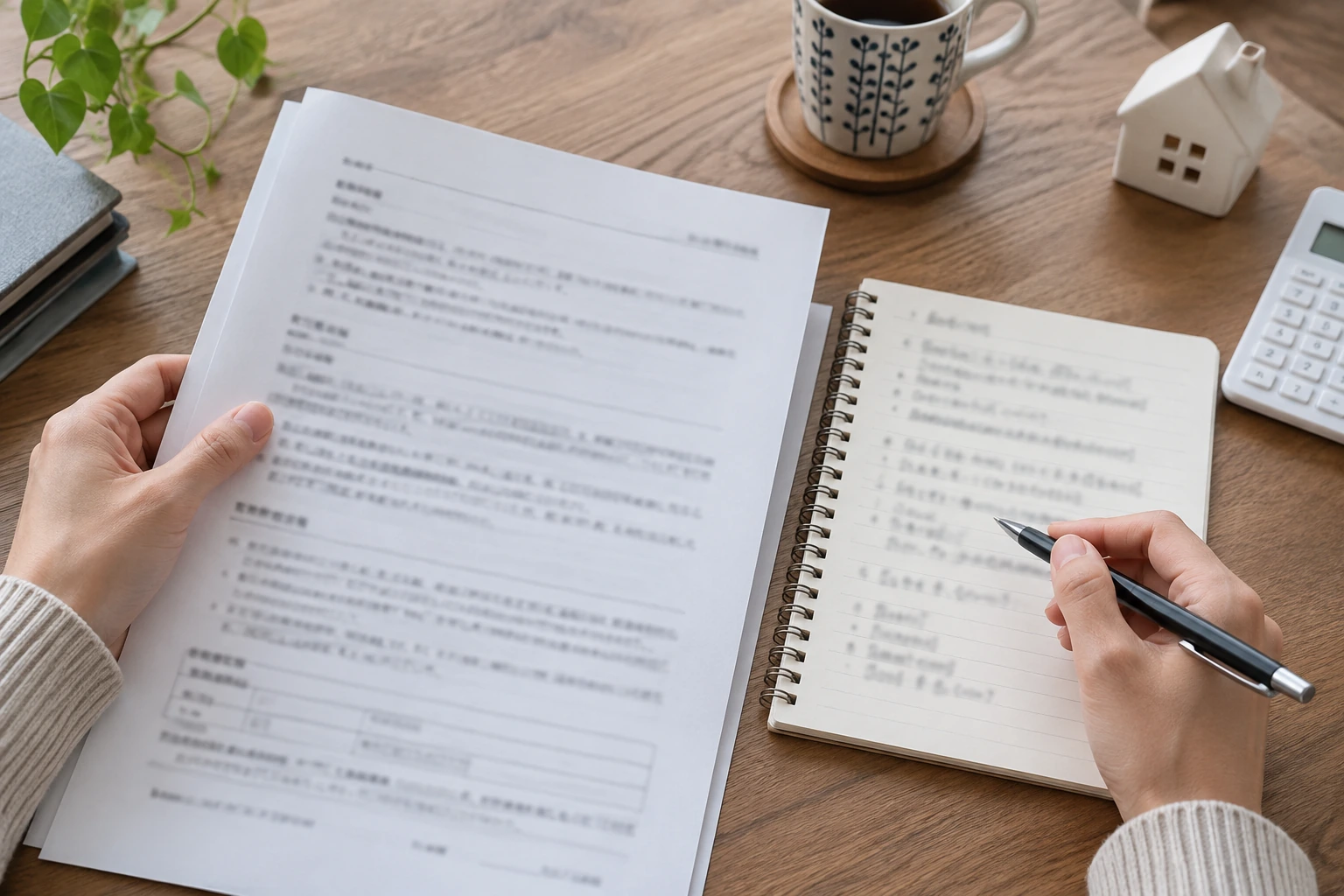 契約書と質問メモを照らし合わせて入居条件を確認する手元