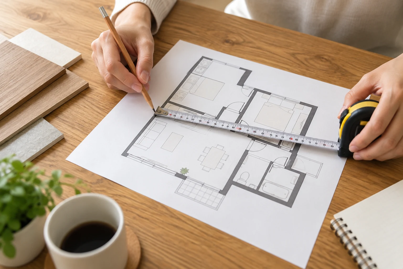 間取り図とメジャーを見比べて部屋の寸法を確認する手元