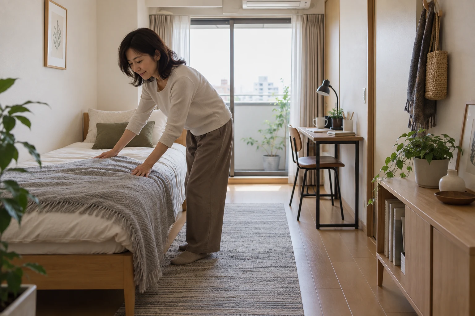 1Kの居室でベッドと机と収納の配置を確認する女性