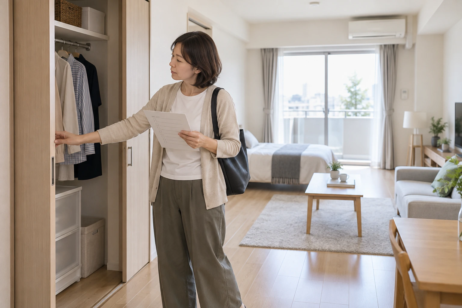 一人暮らしの部屋で収納と動線を確認する女性