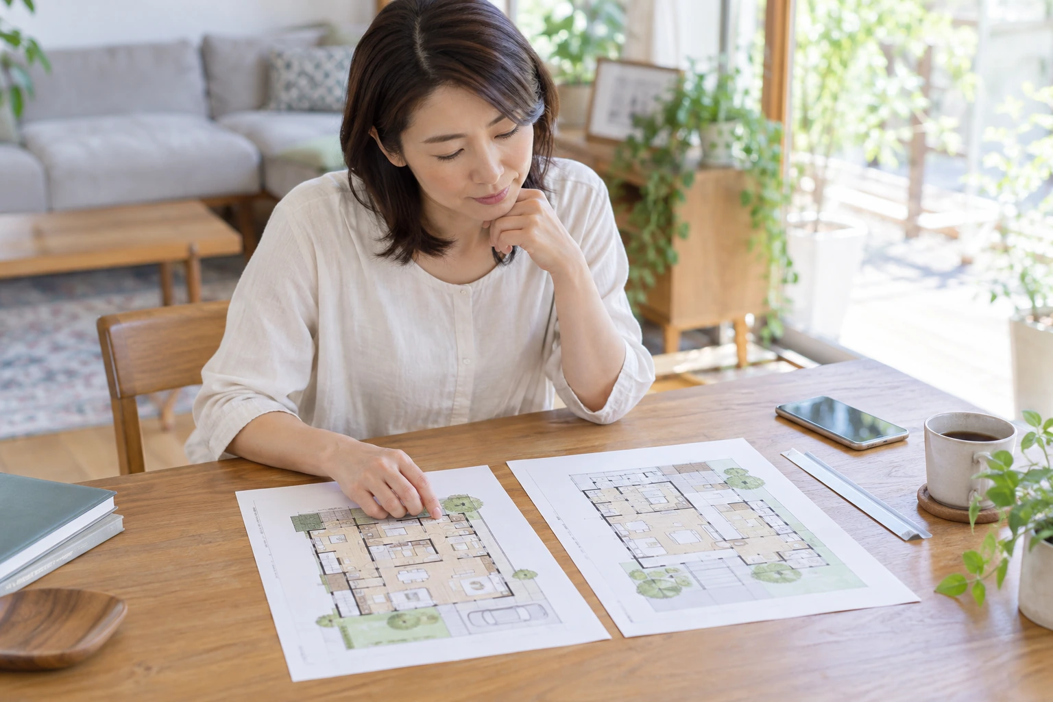 間取り図と家具寸法を照らし合わせる女性