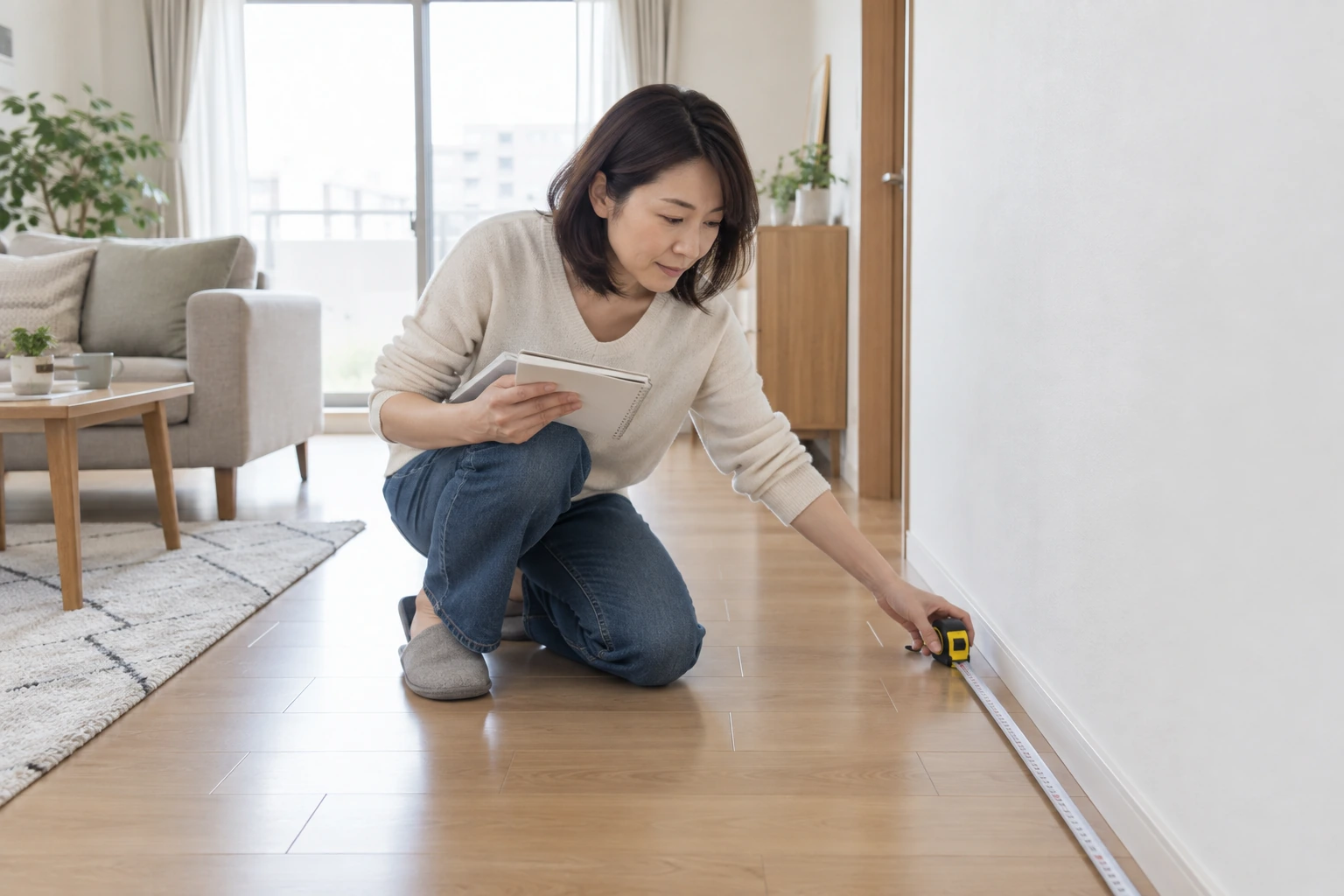 一人暮らしの部屋で間取りと家具の使い方を考える女性