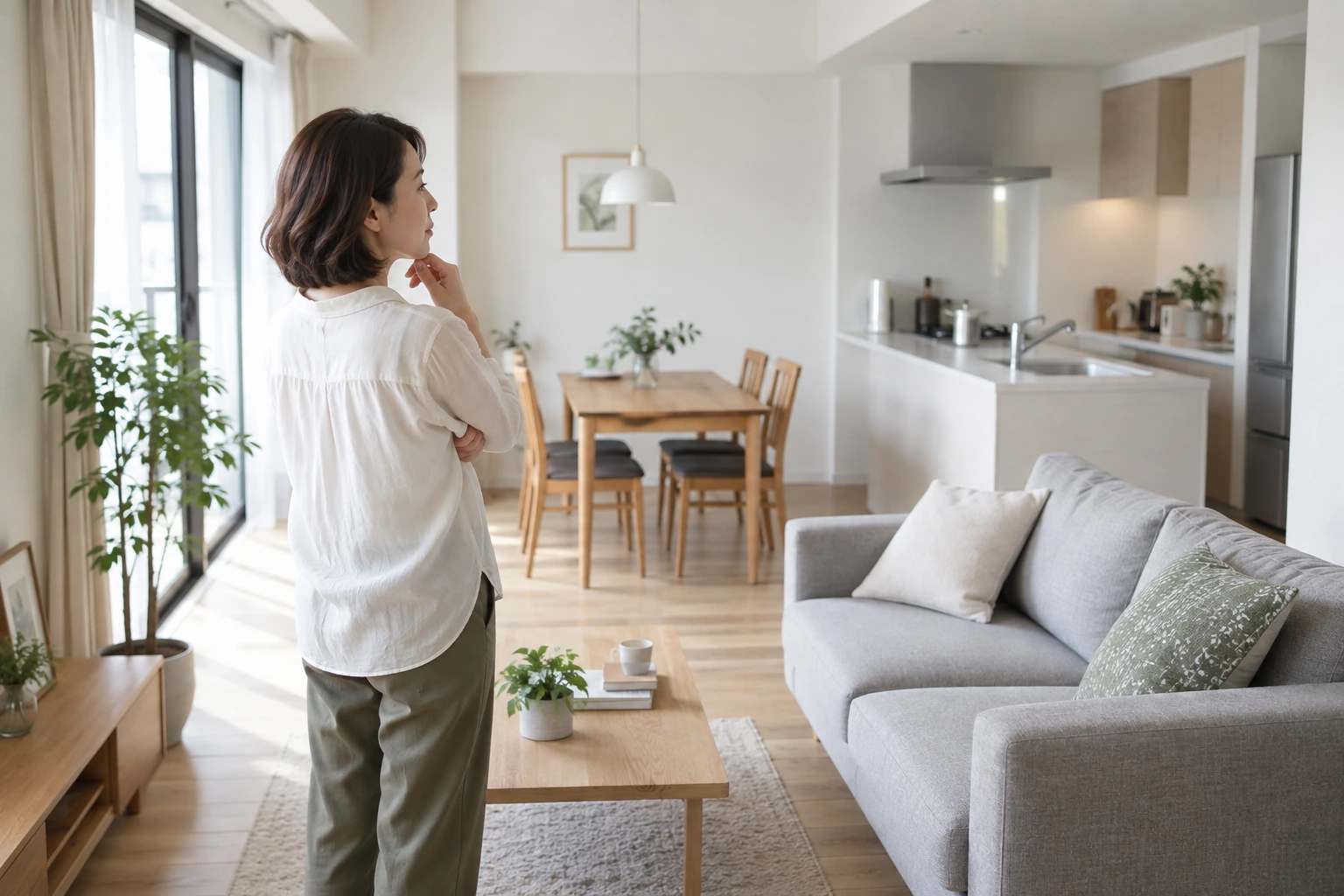 1LDKの部屋で暮らしやすさを確認する女性