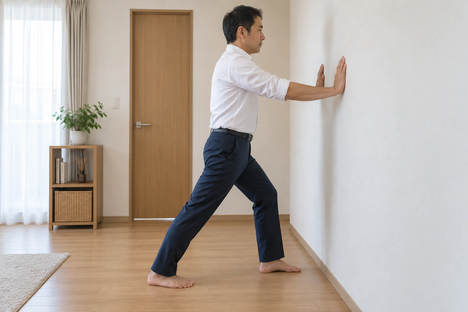 壁に手を添え、後ろ脚のかかとを床につけてふくらはぎを伸ばす横向きの姿勢