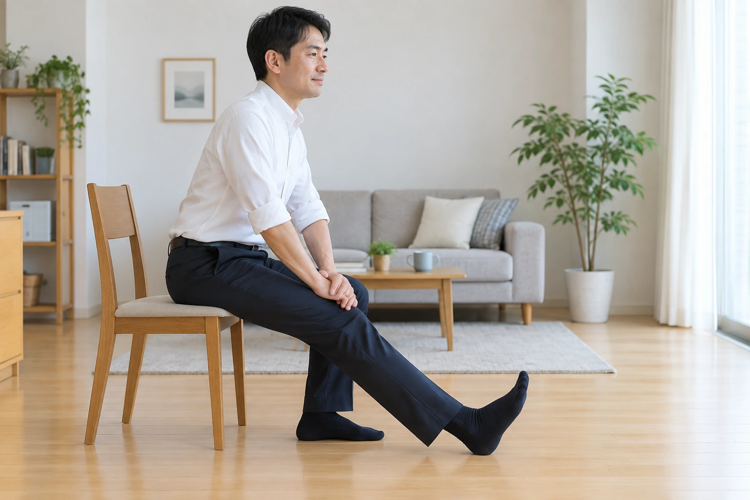 安定した椅子に座り、片脚を前へ伸ばして太ももの後ろをゆるやかに伸ばす姿勢