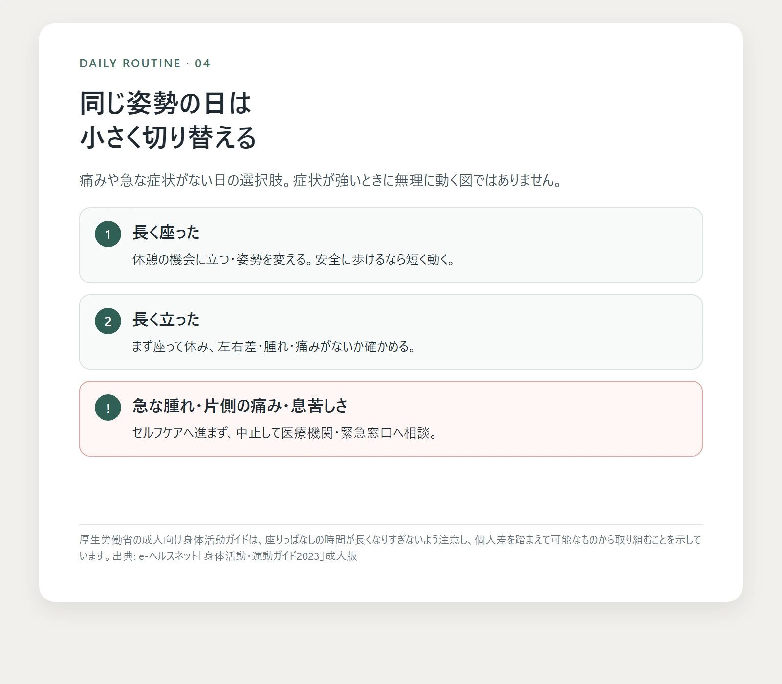 同じ姿勢が続いた日に、無理のない範囲で姿勢を変える選択肢を示す小休止フロー