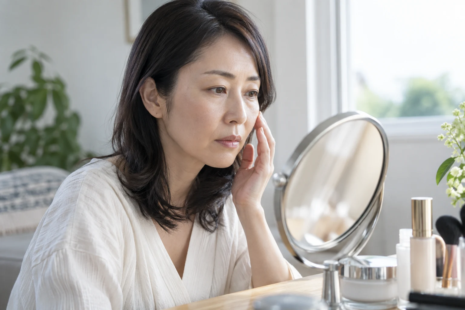 鏡で肌の状態を確認する女性