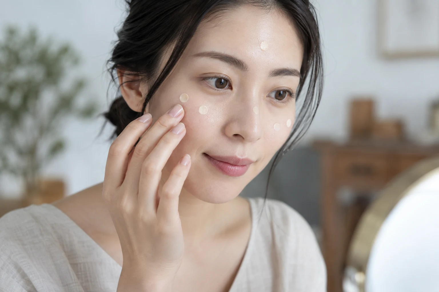 化粧下地を頬と額に少量ずつ置く女性