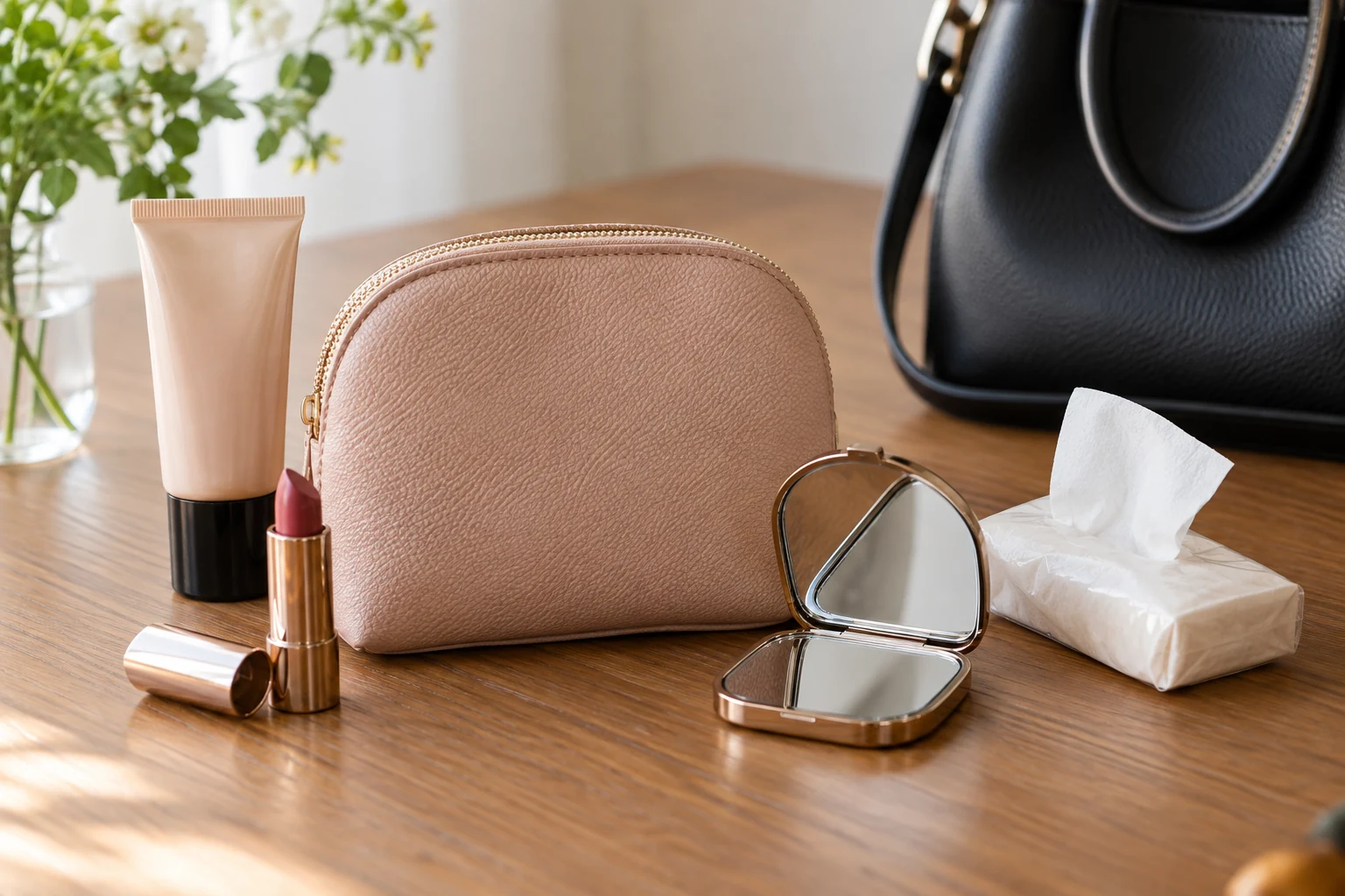 化粧下地をポーチへ入れて持ち運ぶ準備