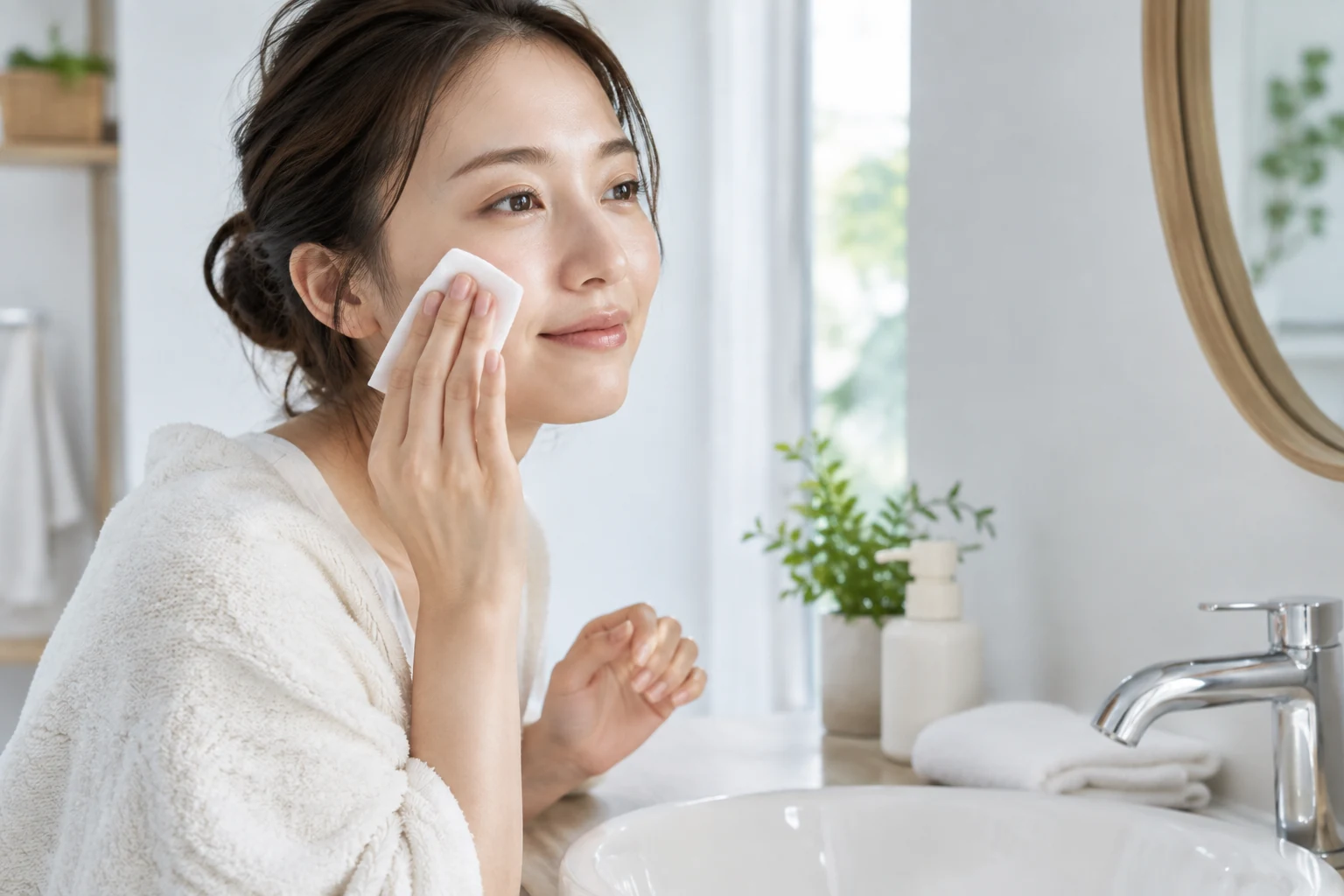 肌に残ったメイクをこすらず拭き取る女性