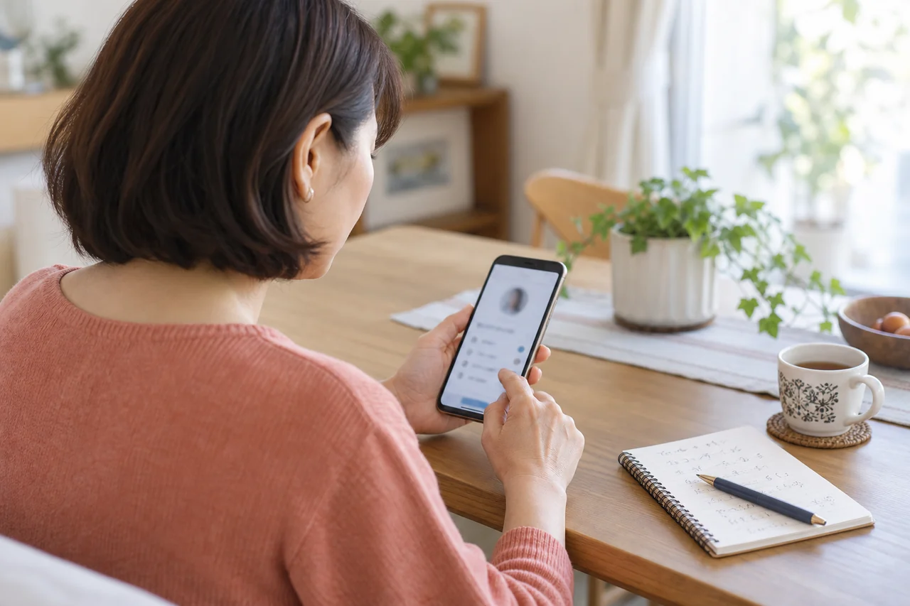 架空の40代女性がマッチングアプリの本人確認と安全設定を確認する様子