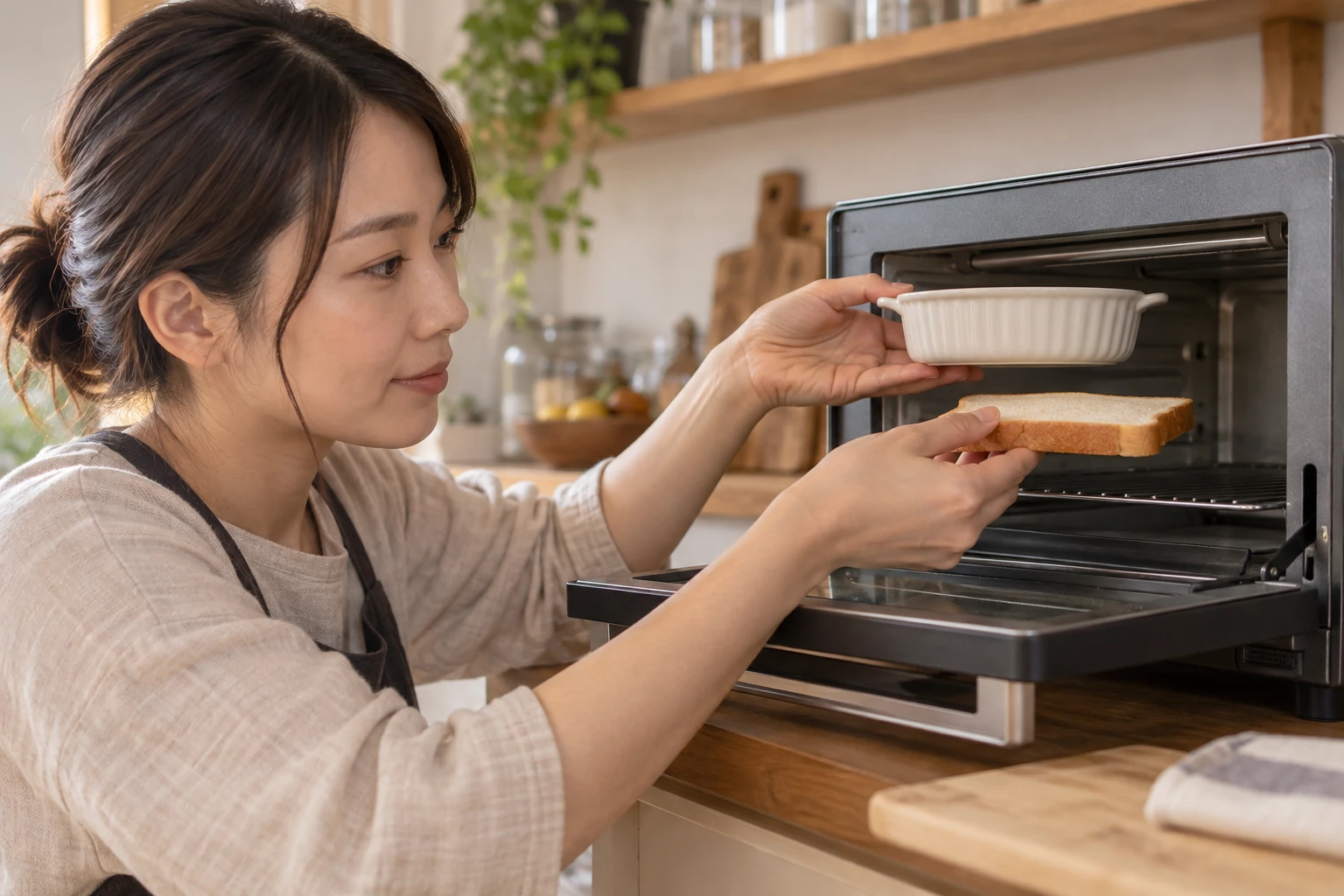 グラタン皿とパンをトースターの庫内の高さに合わせて確認する場面