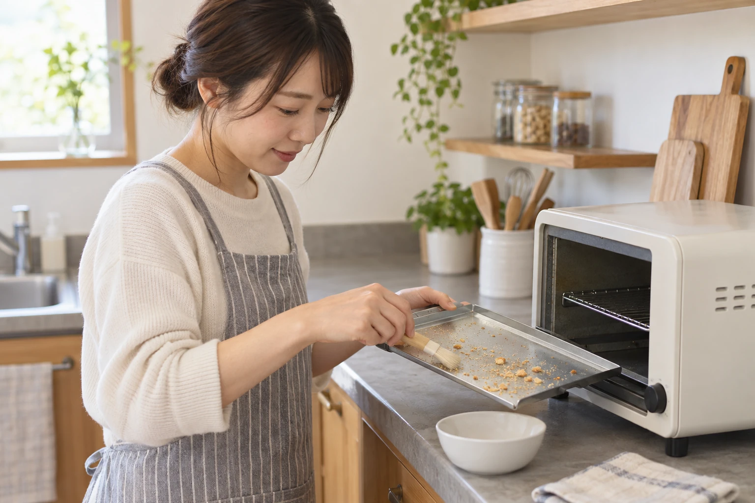 冷めたトースターのくず受けをブラシで掃除する場面